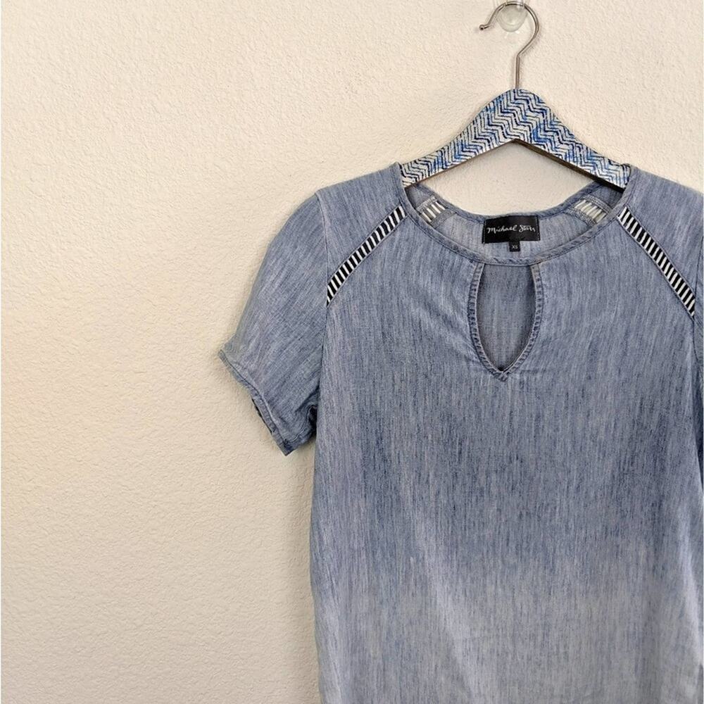 Michael Stars Blouse XS Blue Chambray Embroidered Inset Boho Casual - Picture 3 of 6